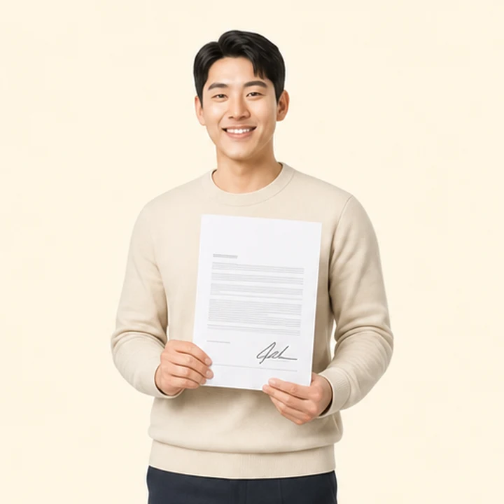 그랑콜레오스 신차 장기렌트 서면 견적서를 들고 있는 고객